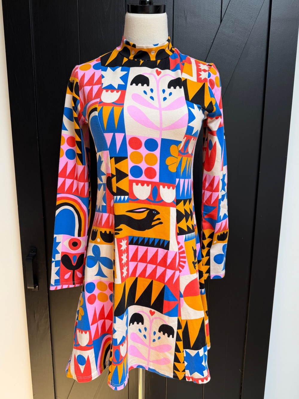 Nooworks Long Sleeve A-Line Tanya Dress Medium Lisa Congdon Rabbit Luck Like New